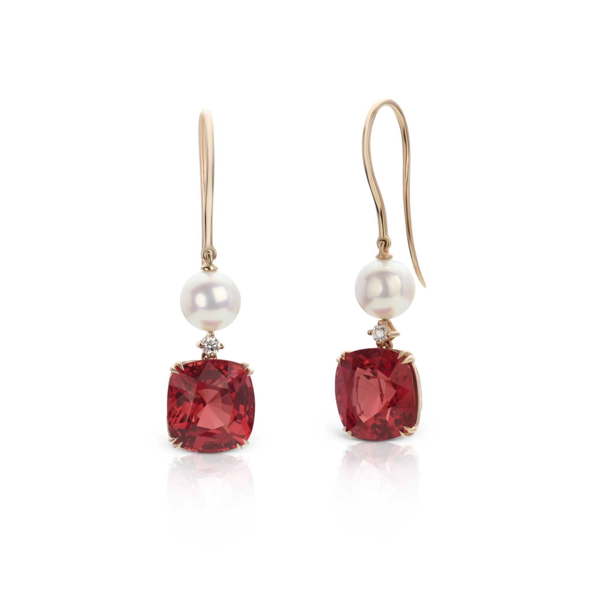 Pair of red spinel and pearl drop earrings.