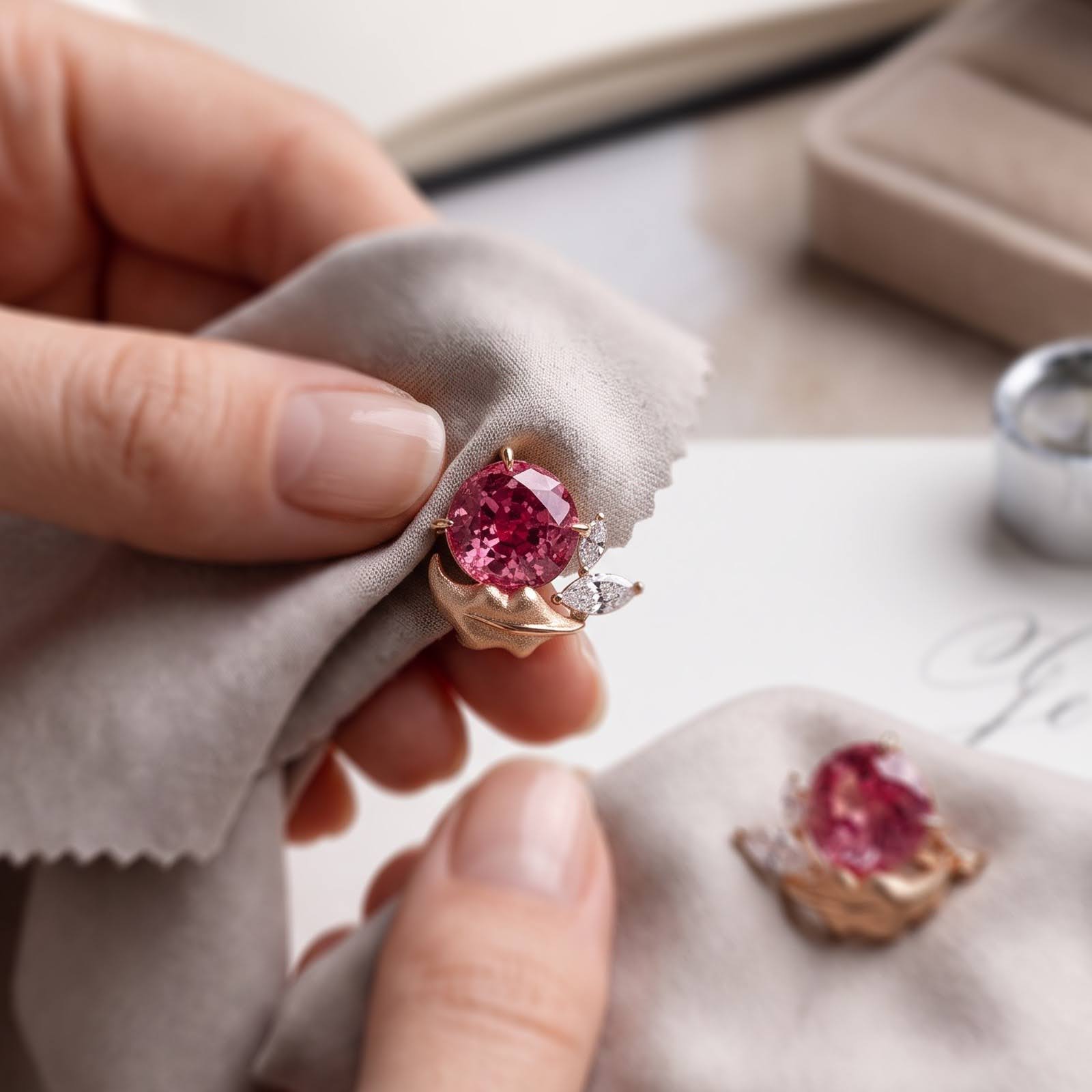 Hands carefully polishing a pink gemstone ring with a soft jewellery cleaning cloth.